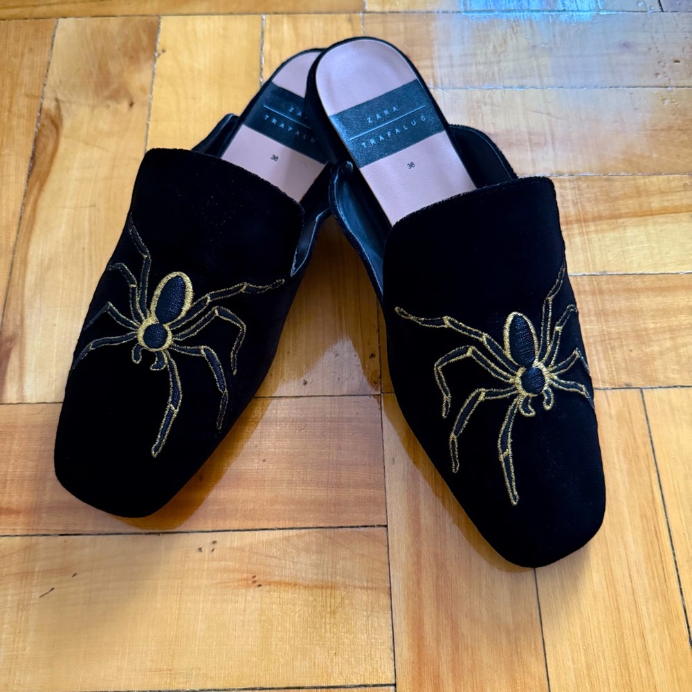 Velvet Embroidered Spider Mules